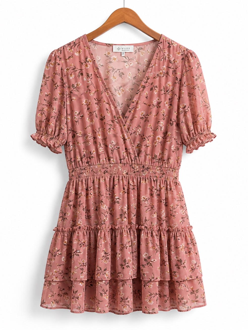 WAYF Pink Floral Tiered Mini Dress Puff Sleeve Cottagecore